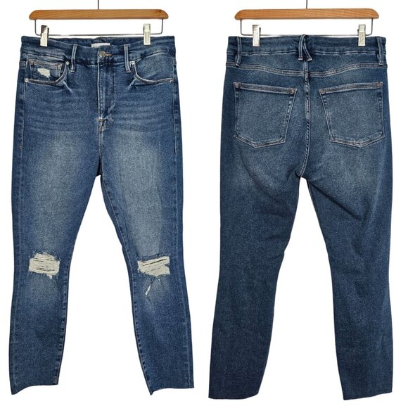 Good American Crop Raw Edge Skinny Jeans Distressed Blue Denim Womens 12/31 - Picture 2 of 16